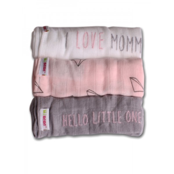 Minene Μουσελίνες Σετ των 3 (I love mommy) - Γκρι/Ασπρο/Ροζ