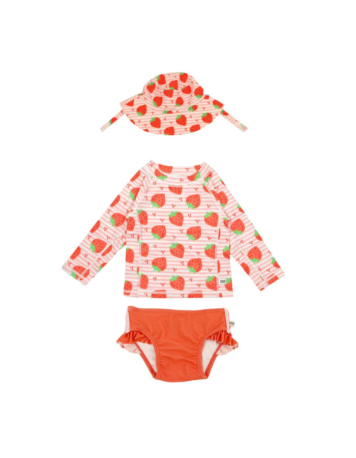 Σετ UV Μαγιώ Bucket Καπέλο Μπλούζα Strawberry