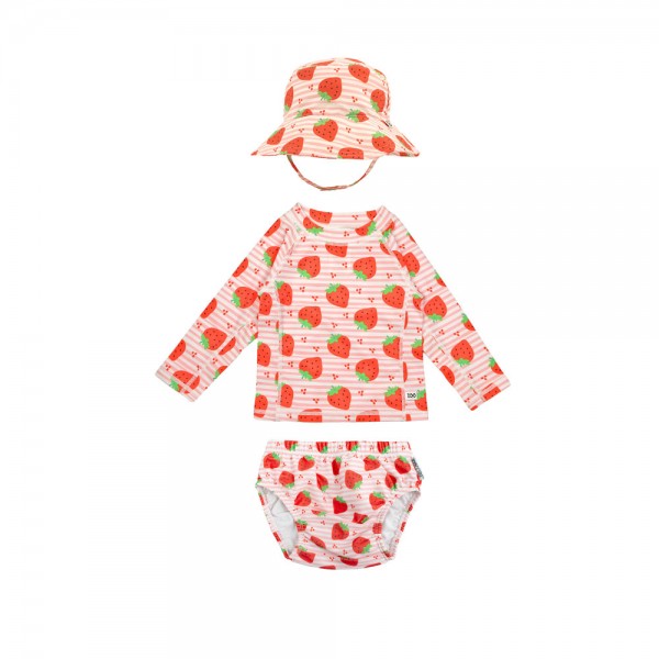 Σετ UV Μαγιώ Πάνα Bucket Καπέλο Μπλούζα Strawberry - 12-24m