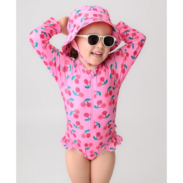 Σετ UV Μαγιώ Πάνα Bucket Καπέλο Μπλούζα Cherry - 6-12m