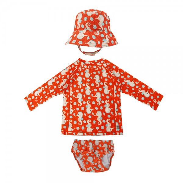 Σετ UV Μαγιώ Πάνα Bucket Καπέλο Μπλούζα Seahorse - 6-12m