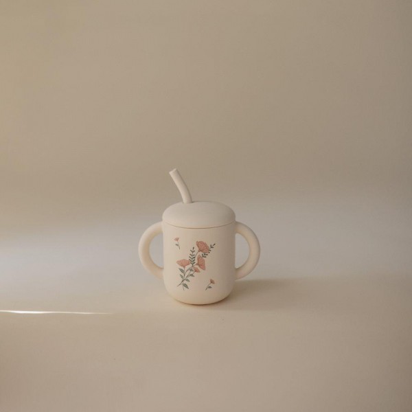 Ποτηράκι Σιλικόνης με Χερούλια και Καλαμάκι Pink Flowers - Mushie | 66-101741