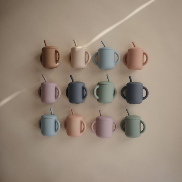 Ποτηράκι Σιλικόνης με Χερούλια και Καλαμάκι Powder Blue - Mushie | 66-2470228