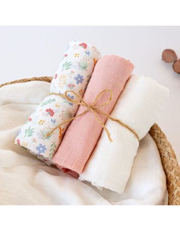 Μουσελίνα Bamboo Spring Ροζ 70x70εκ. Σετ3τμχ. | Kiokids
