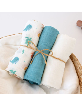 Μουσελίνα Bamboo Ocean Μπλε 70x70εκ. Σετ3τμχ. | Kiokids