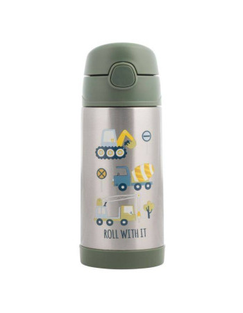 Stephen Joseph Stainless Steel Kids Water Bottle Thermos with Straw Non Spill Light Blue 325ml Construction