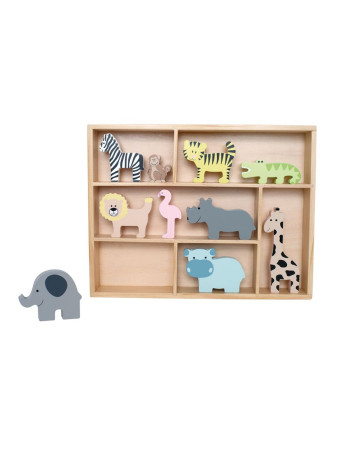 Wooden shelf with wild animals