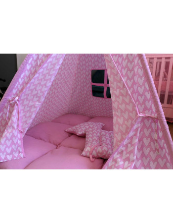 Large fabric tent with thick mattress and 2 "Follow Your Heart" pads